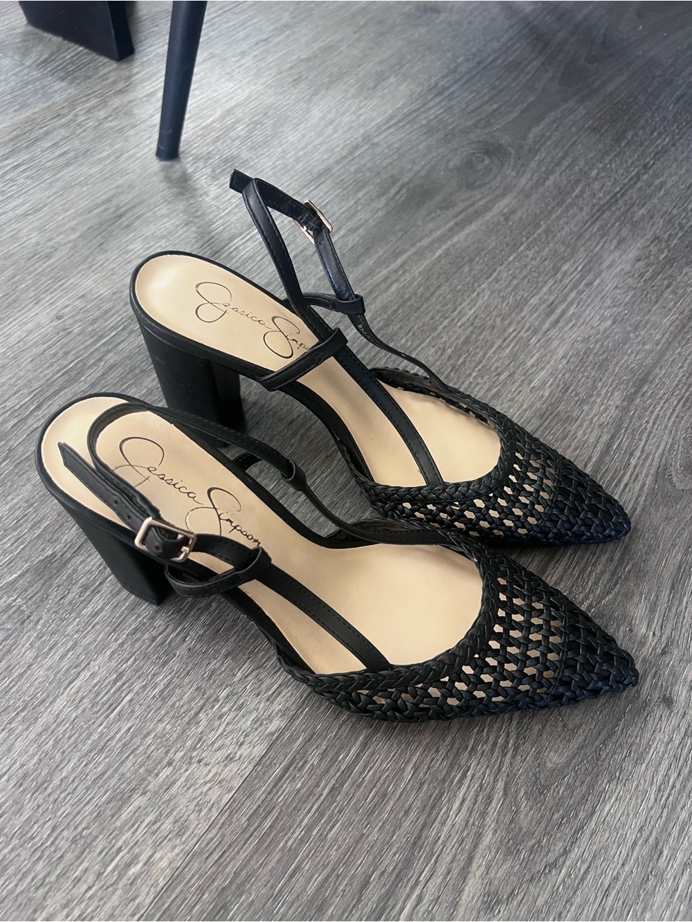 Jessica Simpson Black Woven Pointed-Toe Block Heel Slingback Pumps